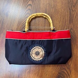 🌹 Fibonacci Sun Embroidery Black & Red Satin Handbag with Bamboo Handles 🌹 NWT